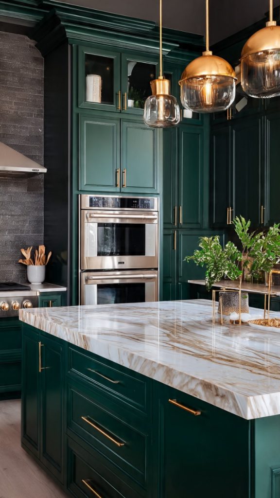 sage green kitchen cabinets with brass handles
