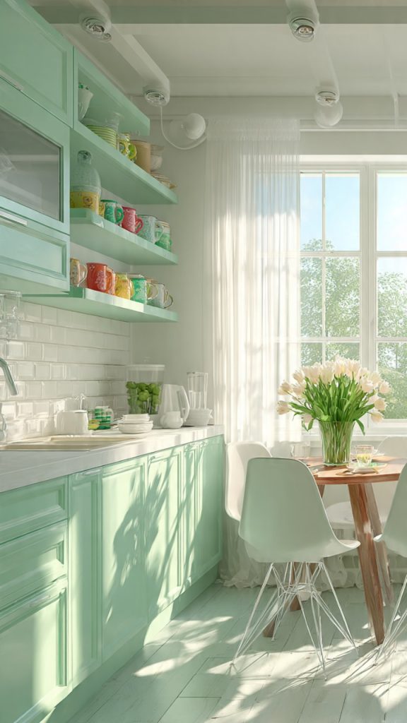 green subway tile backsplash in kitchen