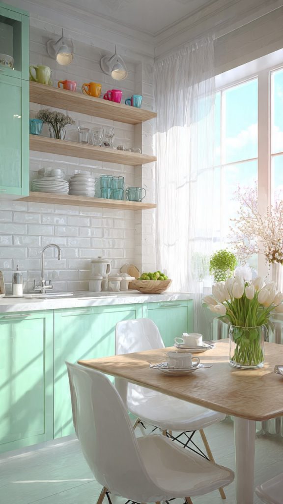 olive green cabinets with natural wood accents