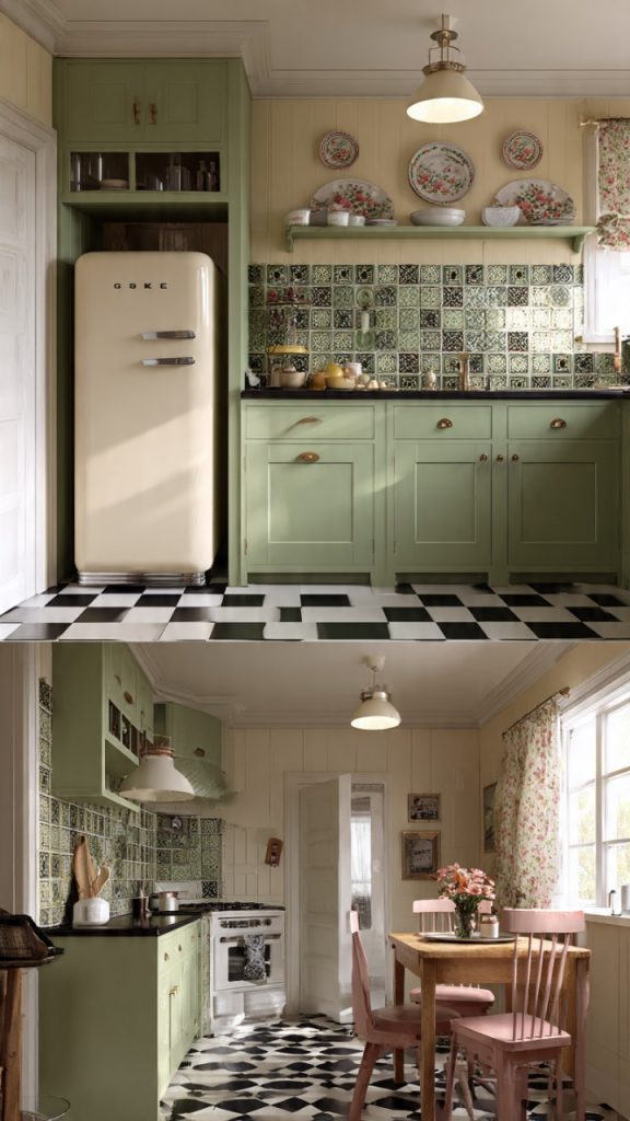 open green kitchen shelving with plants