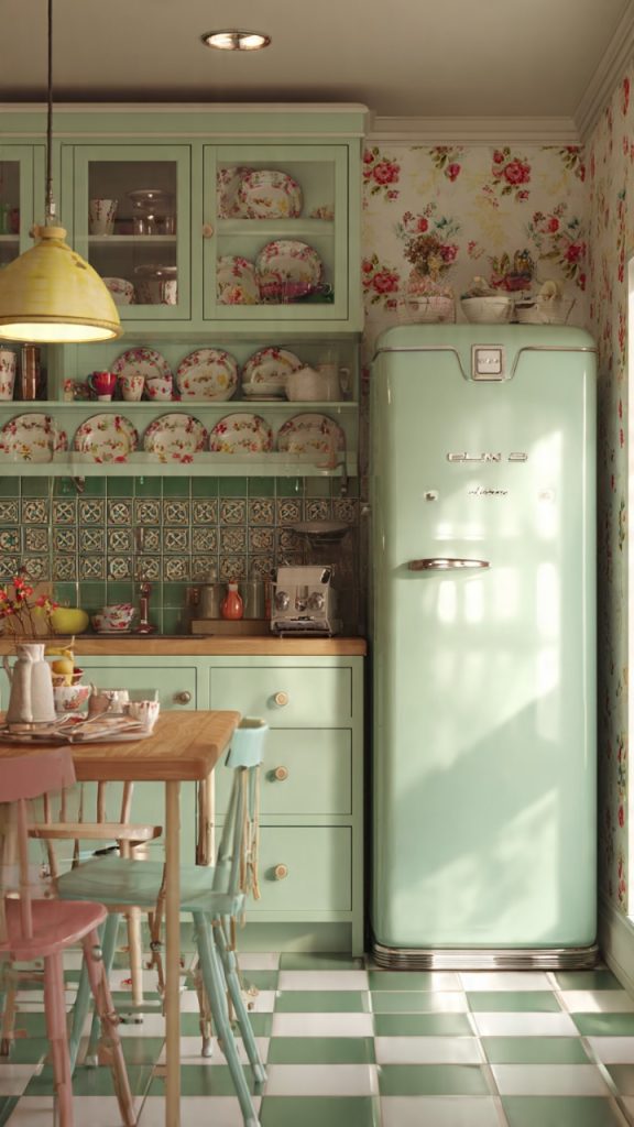 farmhouse green kitchen with butcher block