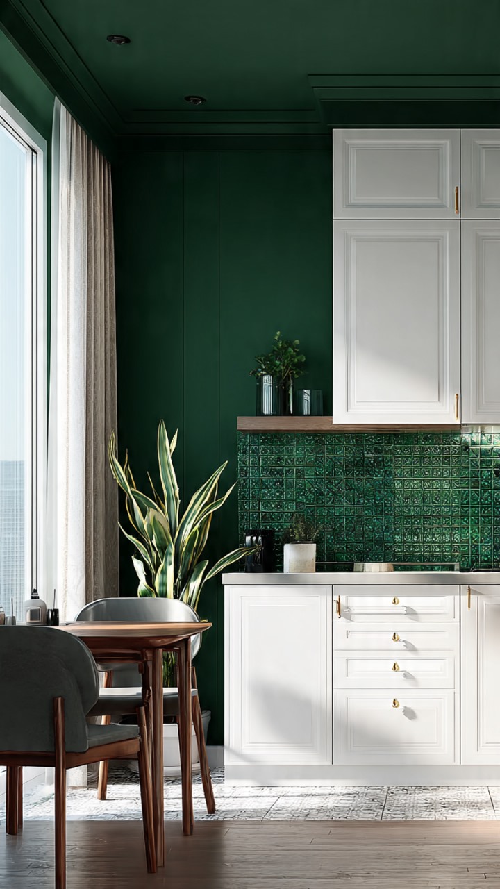 green kitchen cabinets with stone countertops