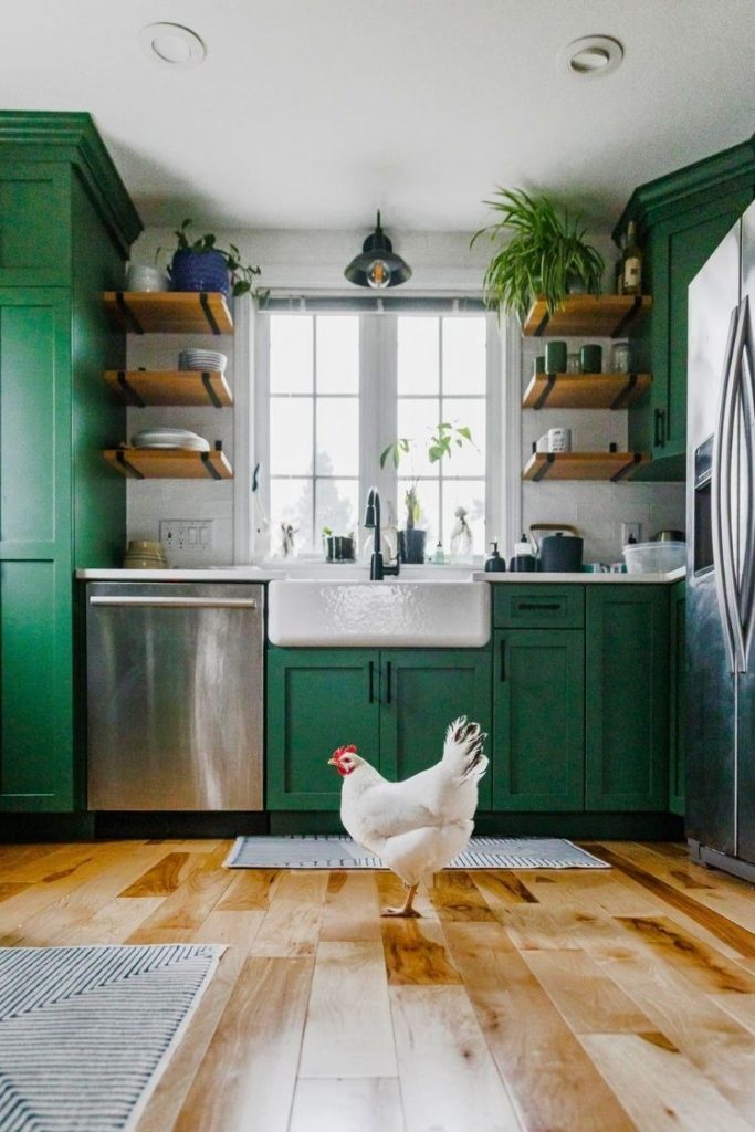 hunter green kitchen with industrial style