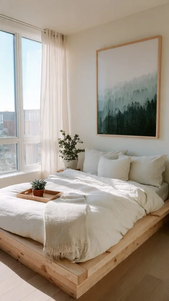 Earthy color palette in cozy Japandi bedroom