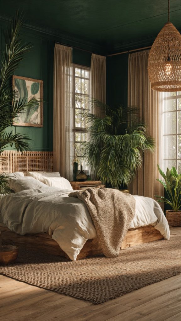 Neutral boho bedroom with light tones and wicker furniture