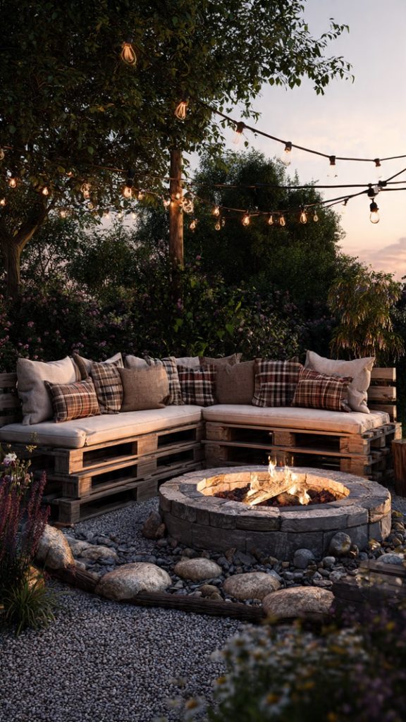 Pergola over fire pit with string lights