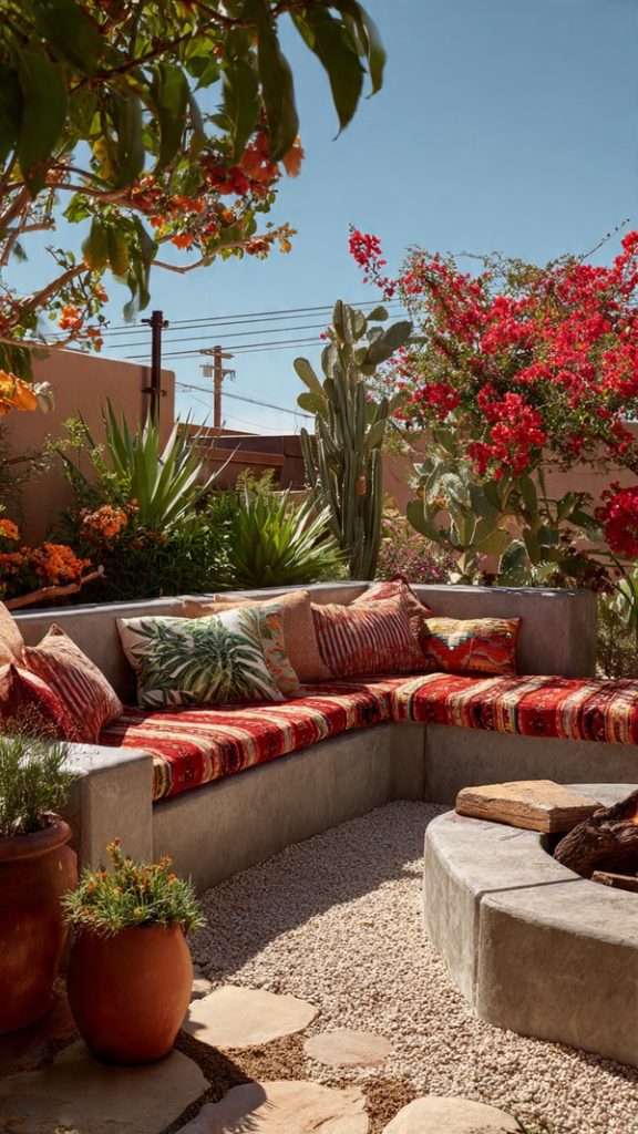 Rustic fire pit surrounded by natural stones