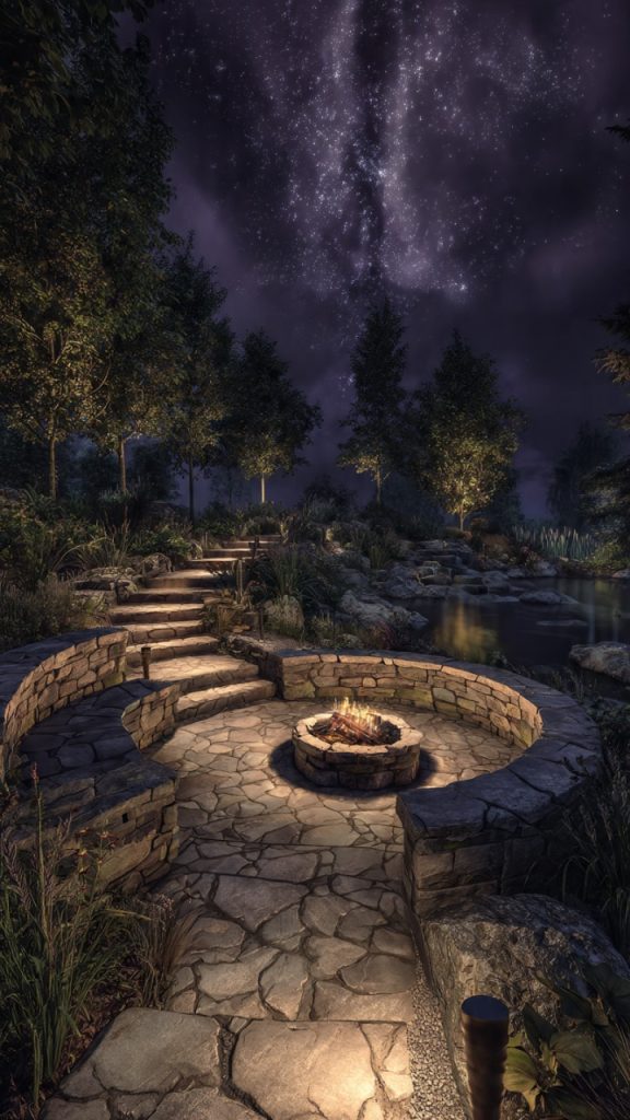 Fire pit next to water feature and garden pond