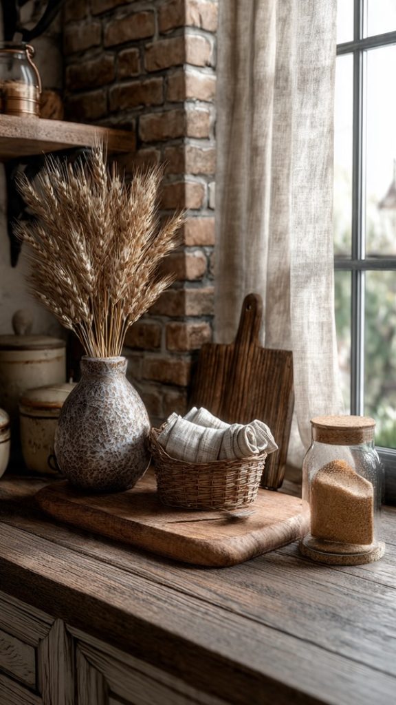 Small kitchen windowsill with candles and plants