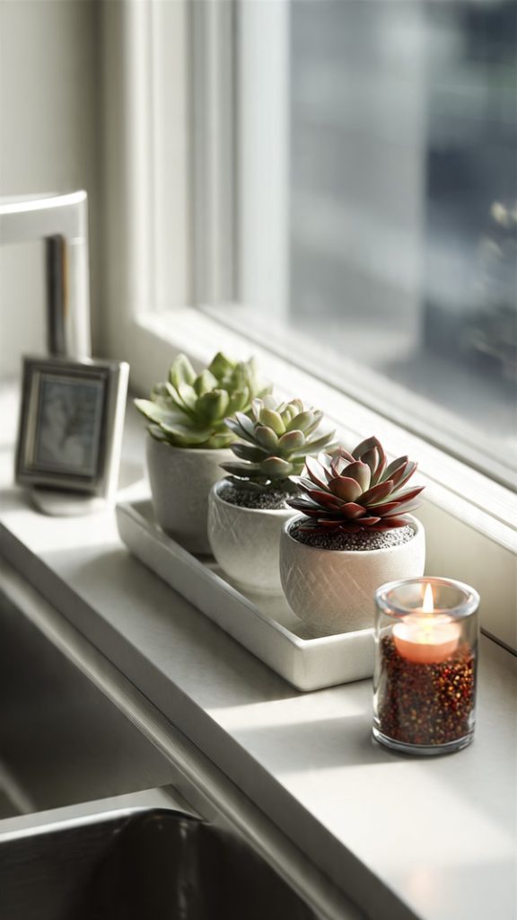 Rustic kitchen window sill with wooden tray