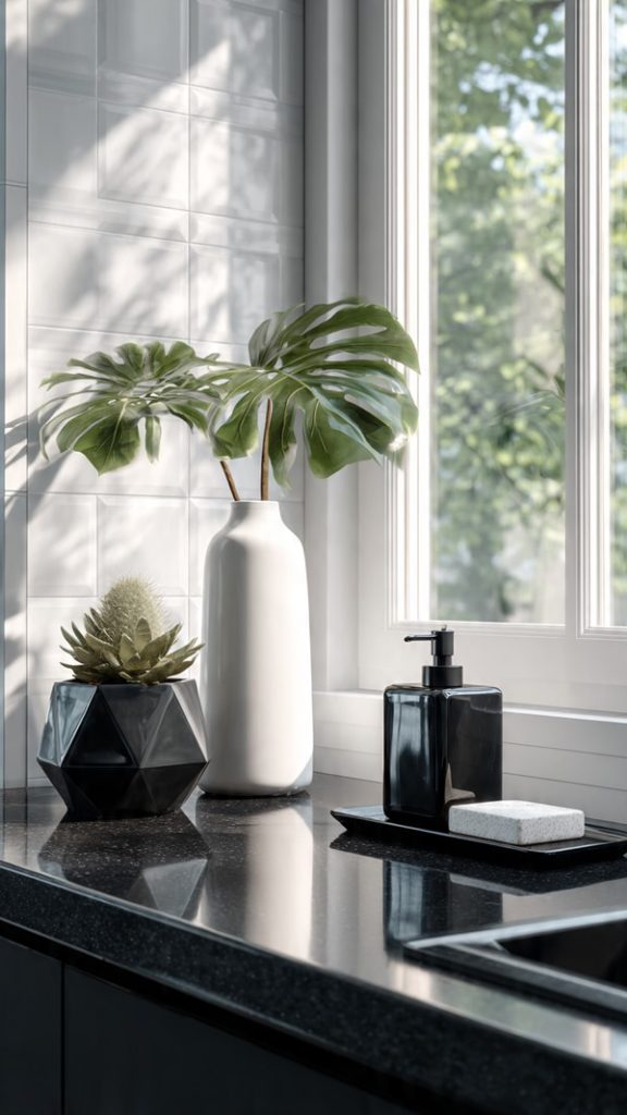 Decorative bottles and jars on kitchen sill