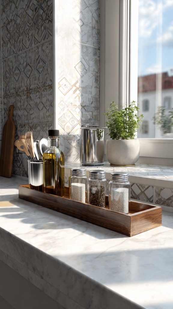 Modern glass vases on sunlit kitchen sill