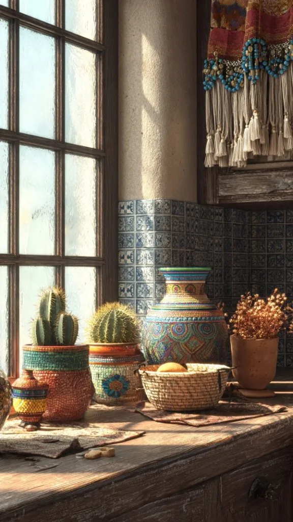 Kitchen window sill decorated with indoor plants