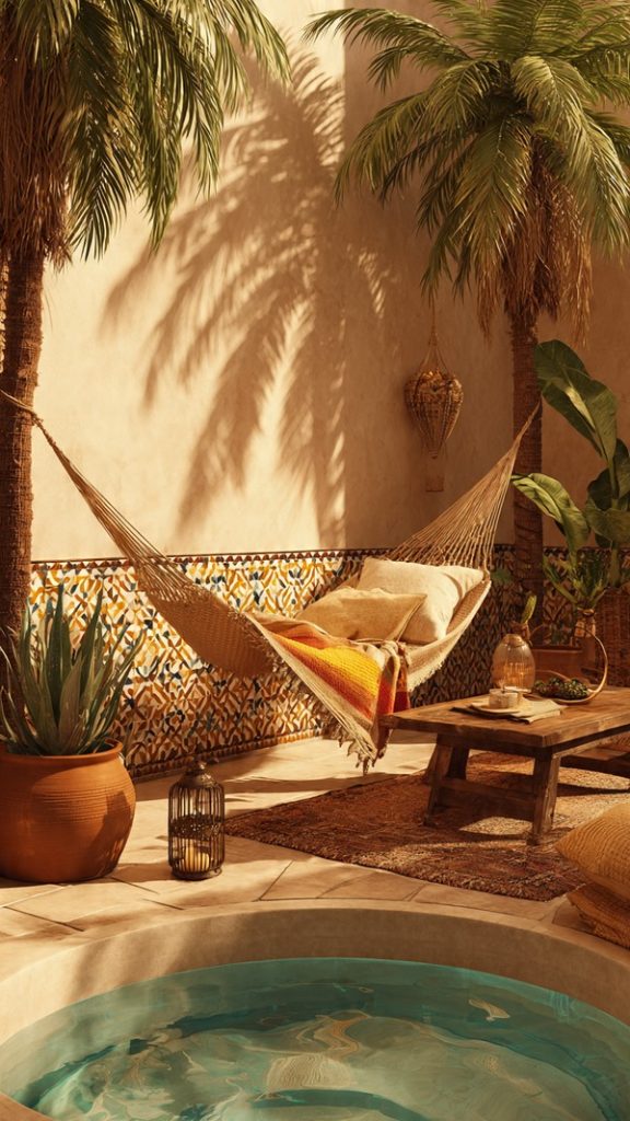 boho pool area decorated with fairy lights