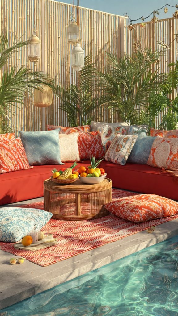 bamboo fence and terracotta pots around pool