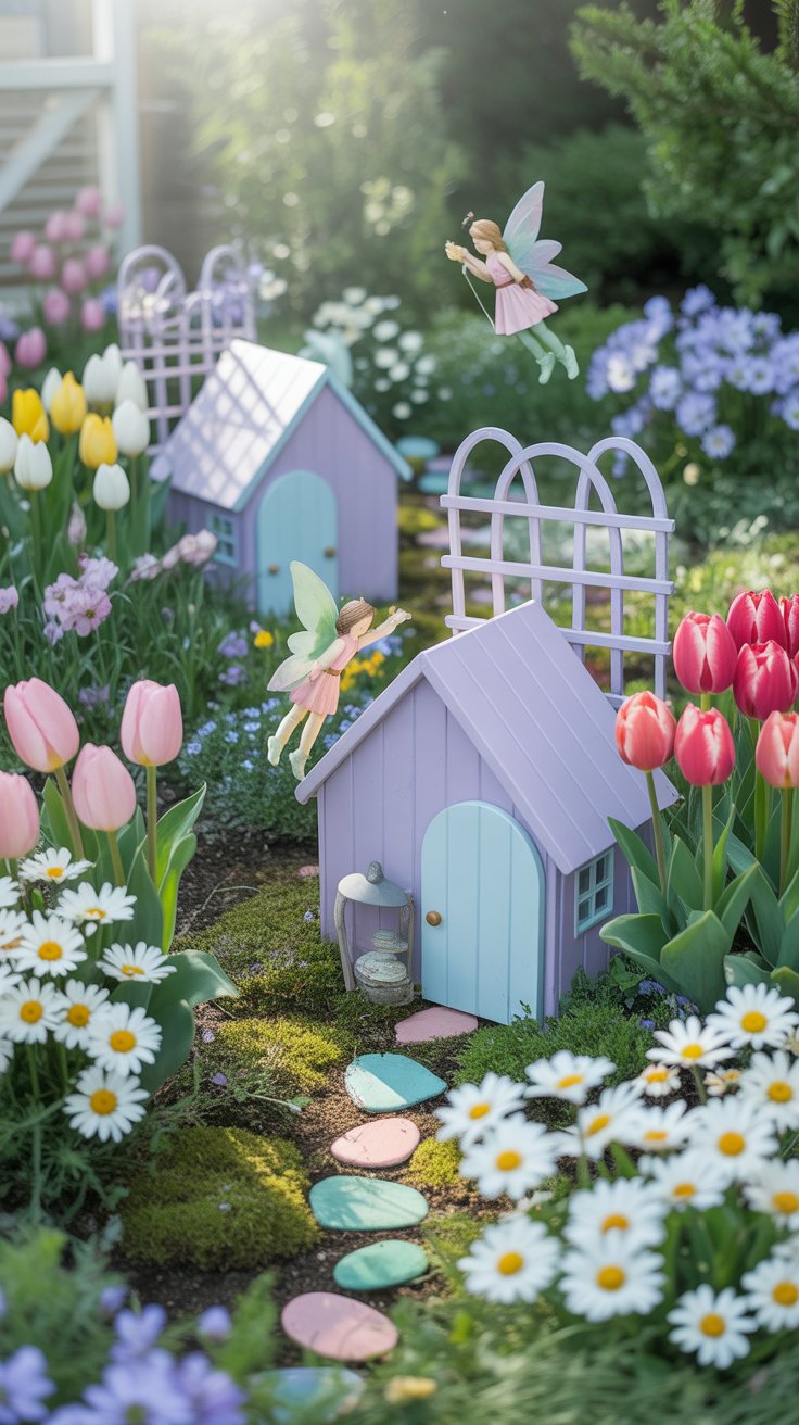 fence fairy garden with doors and lanterns